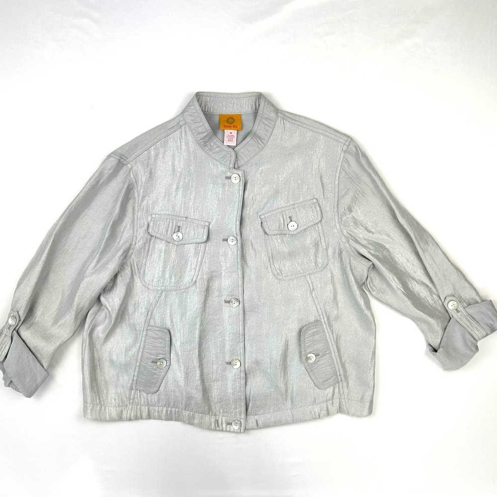 Ruby Rd Women Silver Metallic Button Front Utility Jacket Mandarin Collar Sz 16